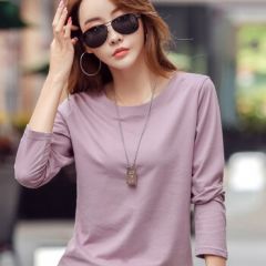 纯棉长袖T恤女宽松红粉宣言2021秋季新款百搭圆领内搭打底衫 香芋紫 L