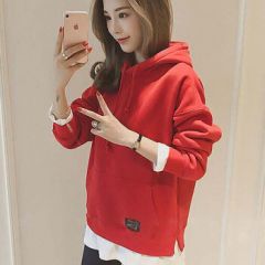 夏薇奇卫衣女2021连帽秋冬季加绒加厚宽松中长款套头显瘦上衣新款外套 红色